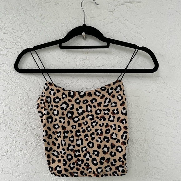gaze Tops - Gaze Cheetah Print Cropped Tank Top Brown/Tan Spaghetti Straps XS